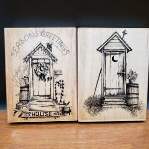 2 Wood Mounted Rubber Stamps Rustic Outhouse Scene & Seasons Greetings 4"x5.25"